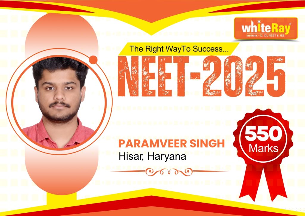 With dedicated preparation at WhiteRay Institute, Parmveer Singh secured 550 in NEET 2025, reinforcing our reputation as top NEET coaching in Chandigarh.